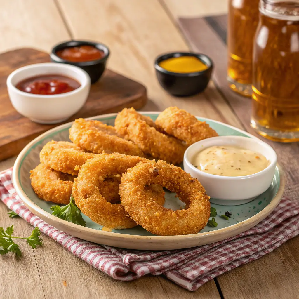 Golden crispy chicken rings with dipping sauces on a wooden table