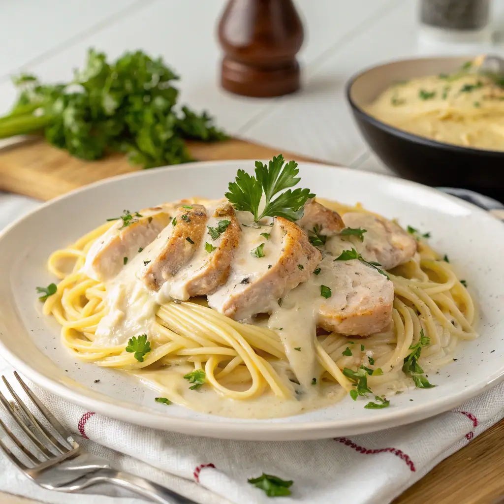 A plate of Garlic Parmesan Chicken Pasta with creamy sauce, chicken, and fresh parsley.