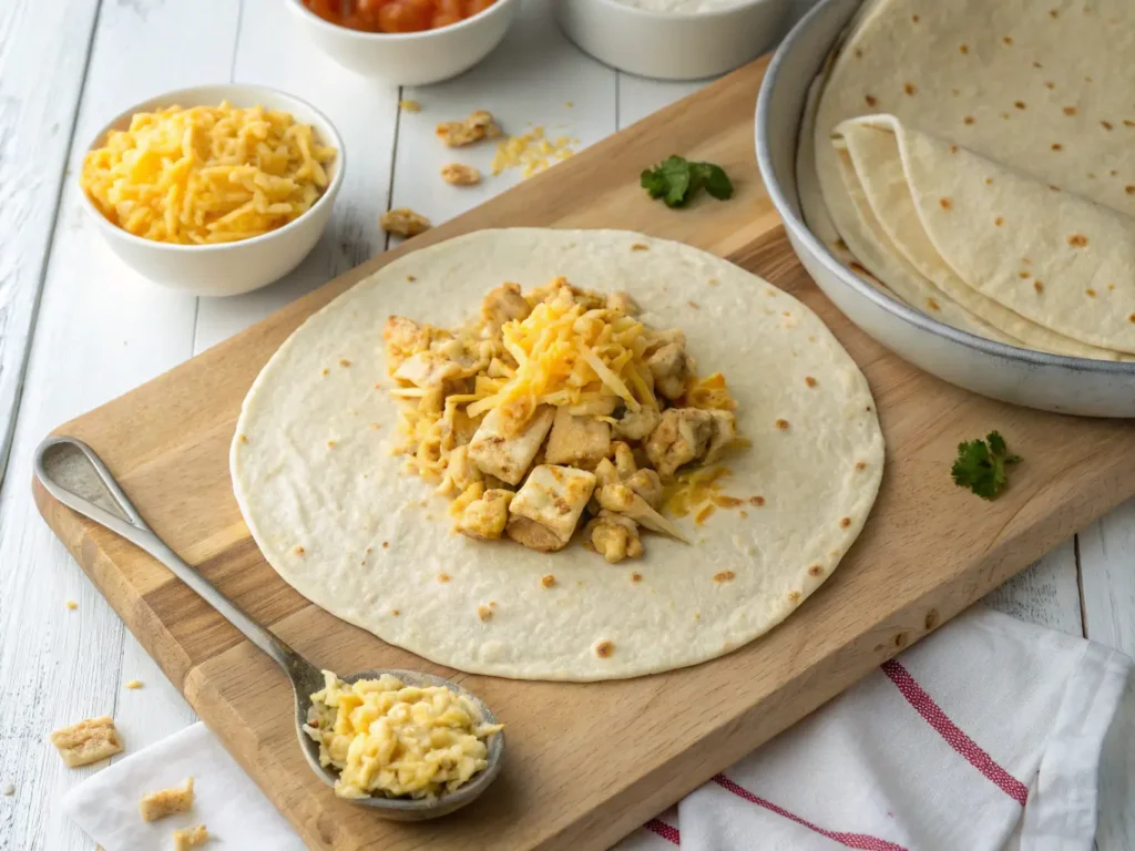 Open tortilla with garlic chicken, cheese, and fresh herbs ready to be wrapped.