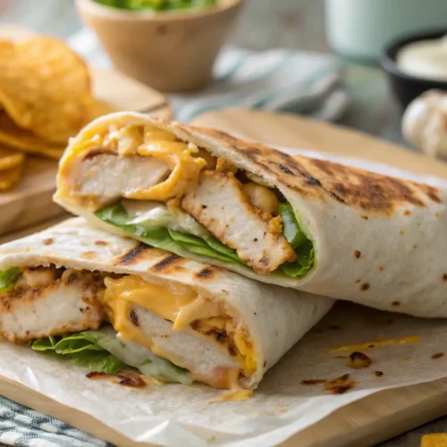 Golden cheesy garlic chicken wraps sliced on a board with dipping sauce