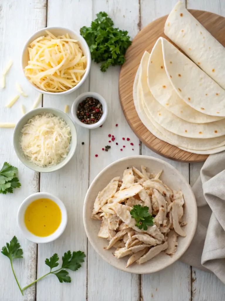 Key ingredients for garlic chicken wraps neatly arranged on a kitchen counter.
