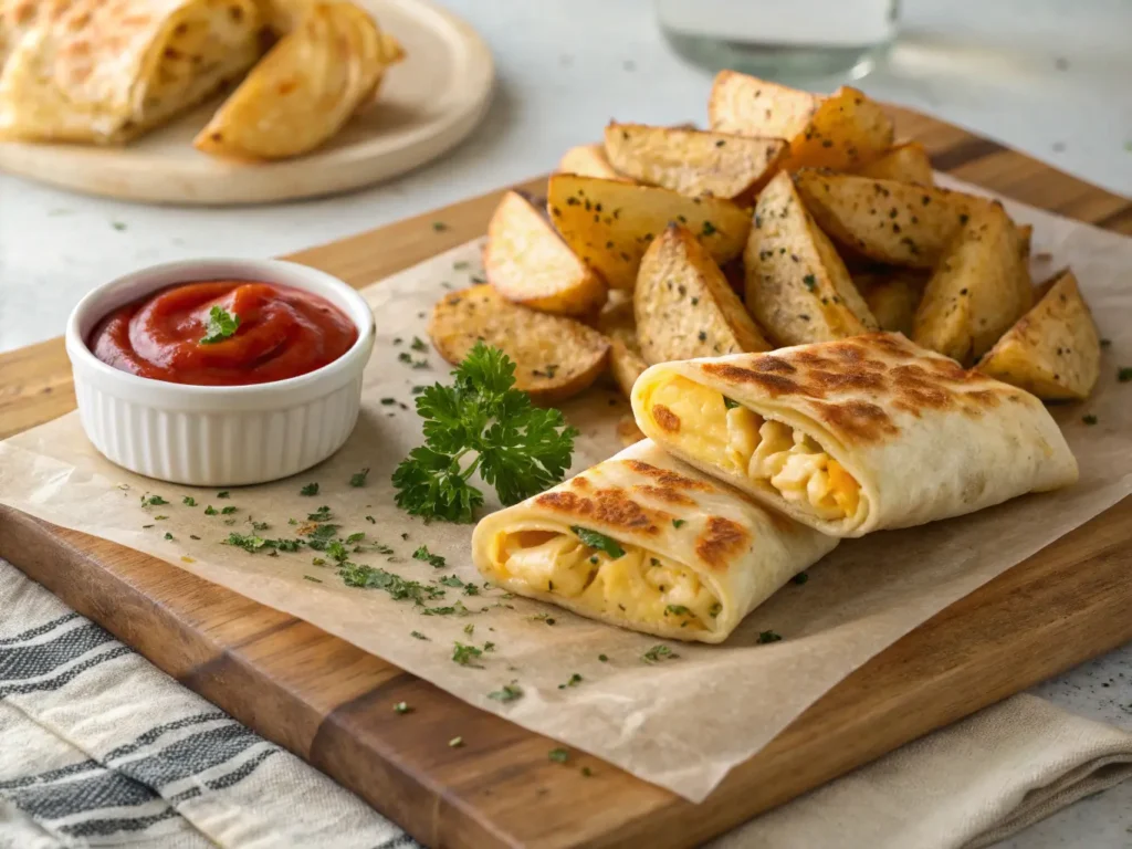 Garlic chicken wraps plated with crispy roasted potato wedges.