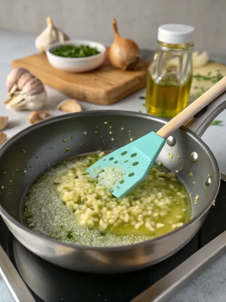 Minced garlic sautéing in olive oil in a pan.