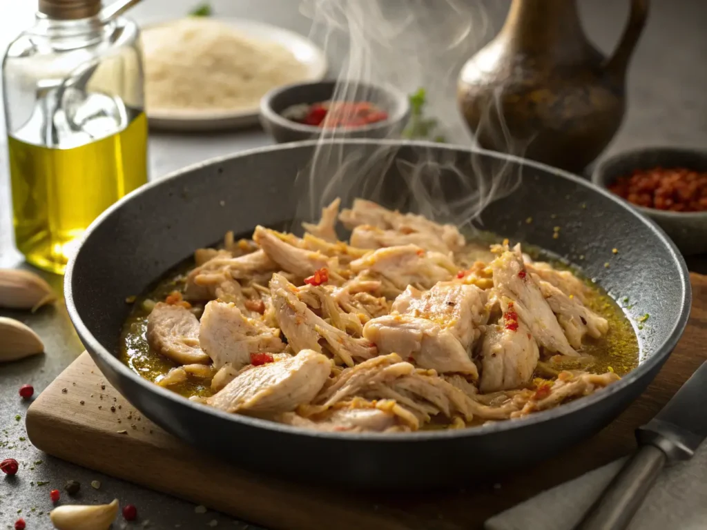 Shredded chicken sautéing in garlic oil with spices in a skillet.