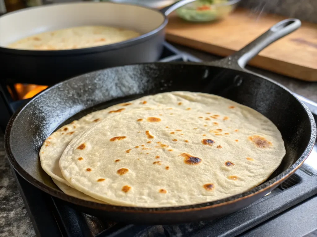 Flour tortillas warming in a dry skillet on a stovetop.